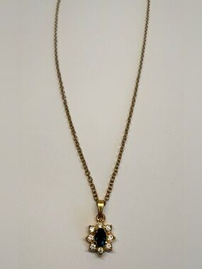 Vintage Gold Tone Blue & Clear Rhinestone Pendant Necklace 18”